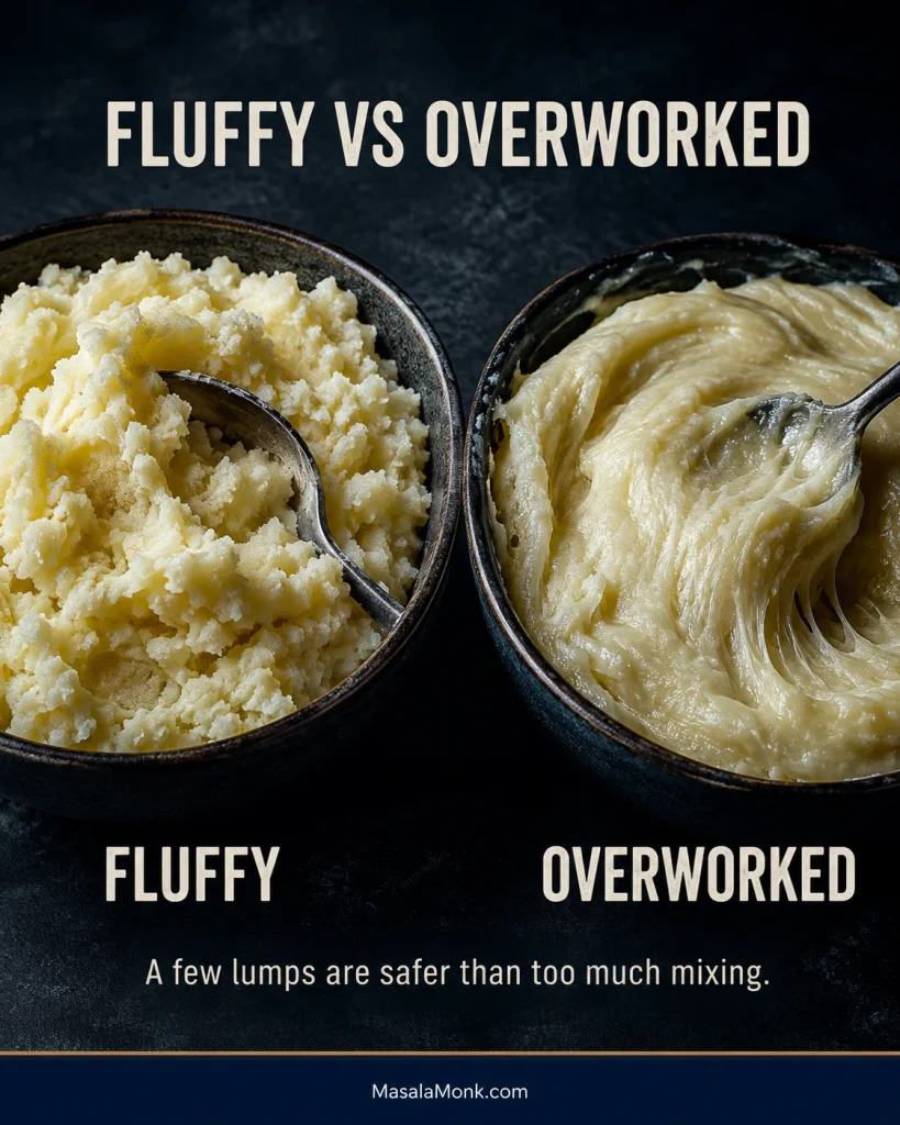 Side-by-side comparison labeled fluffy and overworked, showing light irregular mashed potato beside smooth, dense and gluey-looking potato.