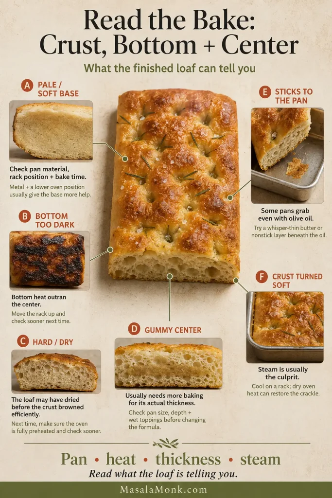Troubleshooting guide showing pale, burnt, dry, gummy, sticking and steam-softened focaccia baking problems.