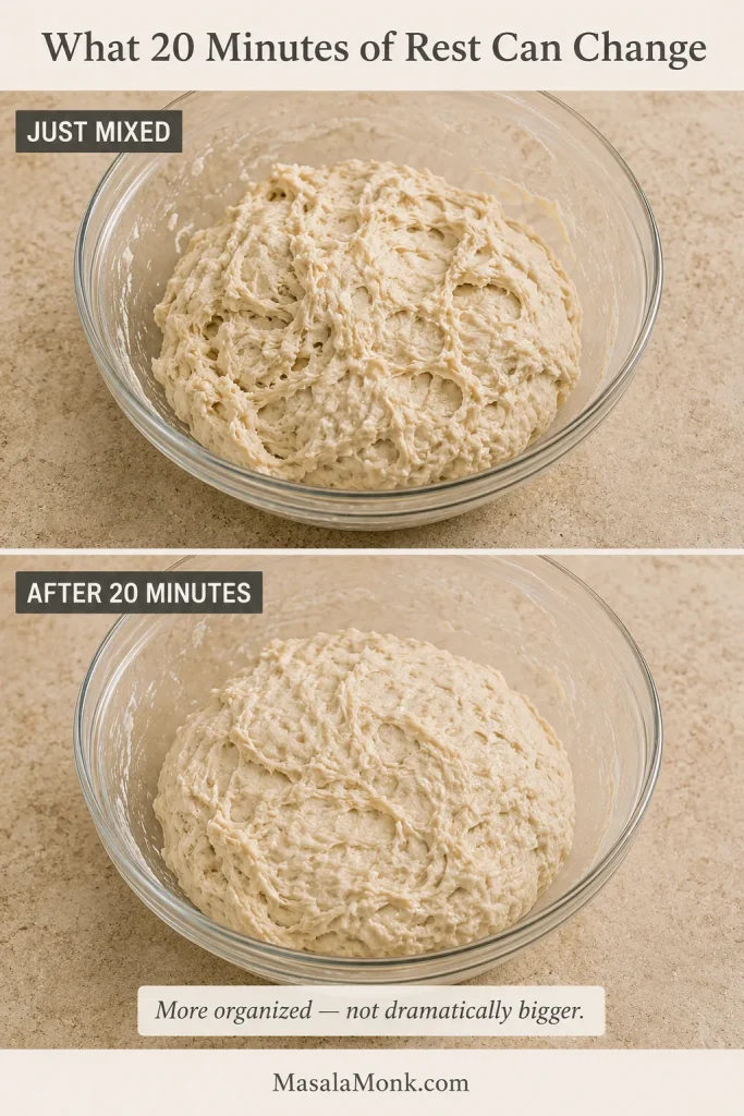 Focaccia dough in the same glass bowl immediately after mixing and again after a 20-minute rest, looking more unified.