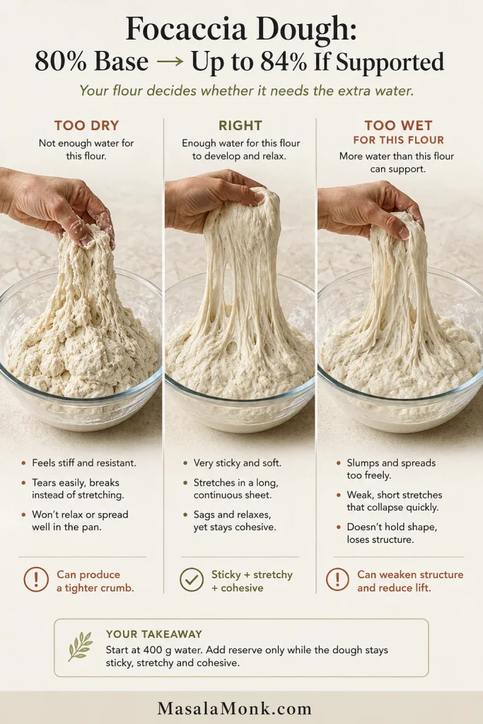 Three focaccia dough consistencies comparing firm dry dough, sticky cohesive dough, and very loose spreading dough.