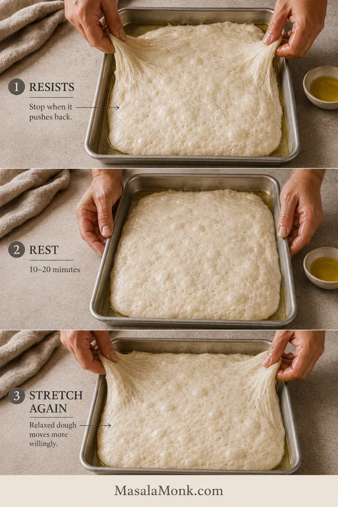 Three-stage guide showing focaccia dough resisting the pan corners, resting, then stretching farther after relaxing.