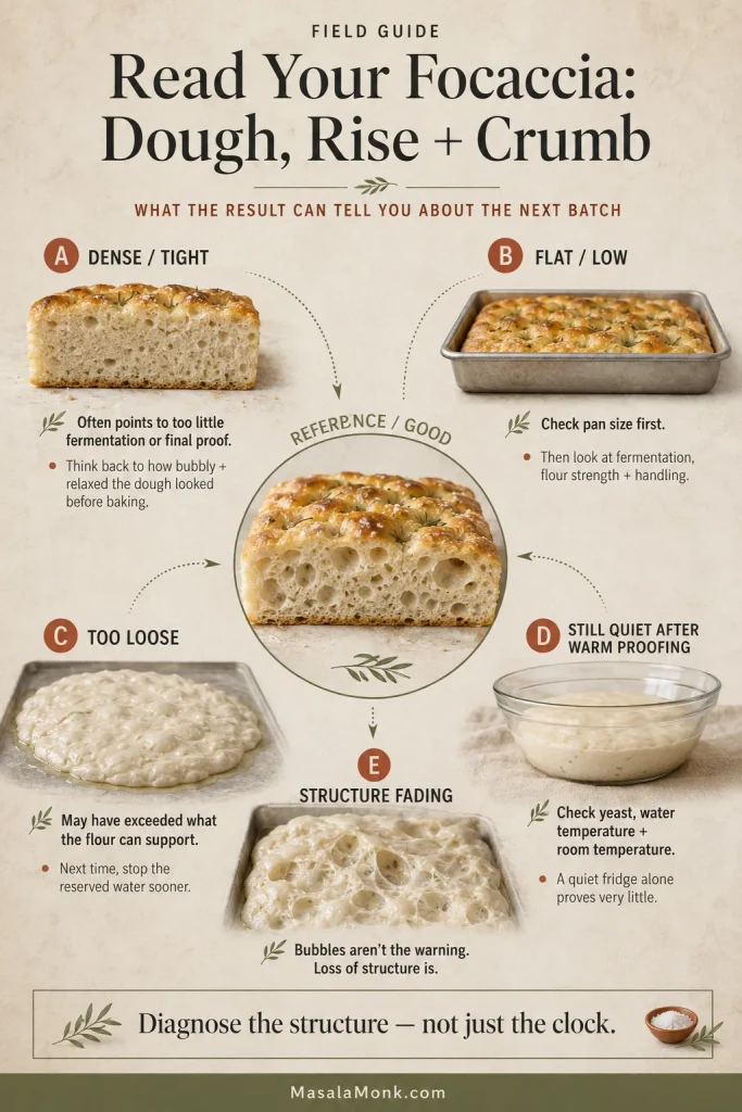 Troubleshooting guide comparing dense crumb, flat focaccia, overly loose dough, quiet warm-proofed dough and weakened bubbly dough.