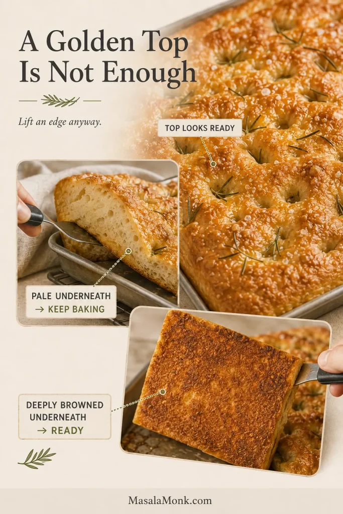 Doneness guide comparing a golden focaccia top with a pale underside and a properly deep-browned underside.