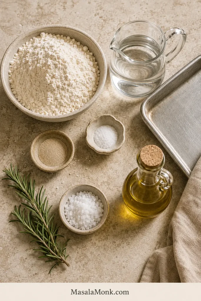 Flour, water, yeast, salt, olive oil and rosemary arranged beside a rectangular metal baking pan.