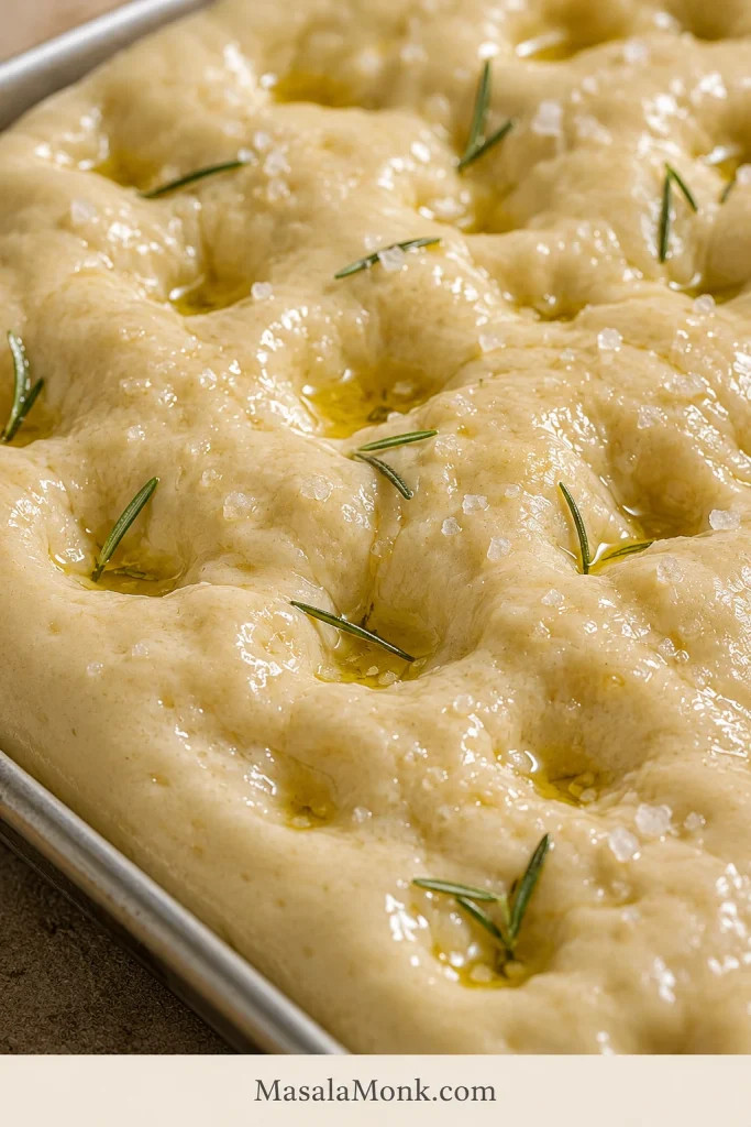Close-up of raw dimpled focaccia dough with olive oil pooled in the indentations, rosemary and flaky salt.