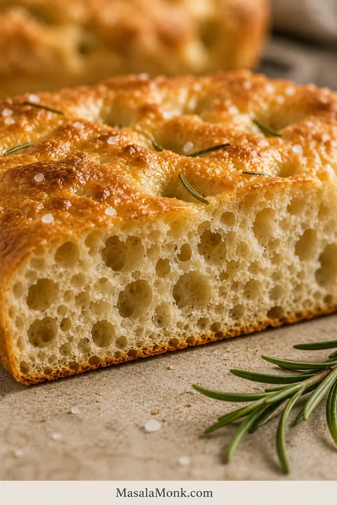 Close-up of sliced rosemary focaccia showing a moist crumb with small, medium and larger irregular air pockets.