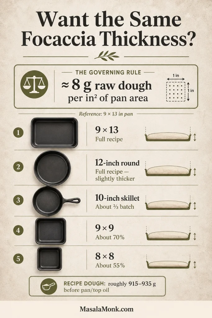 Pan-size guide showing dough amounts for a 9 by 13 pan, round pan, skillet and smaller square pans using about 8 grams per square inch.
