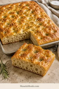 Golden rosemary focaccia with a cut square in front showing an airy crumb and thin browned bottom crust.