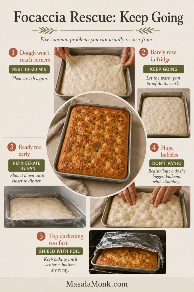 Rescue guide for focaccia dough that resists stretching, rises slowly, proofs early, forms huge bubbles or browns too fast.