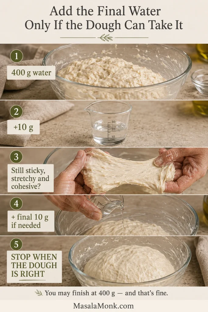 Step-by-step guide showing reserved water added gradually to sticky focaccia dough while checking its consistency.