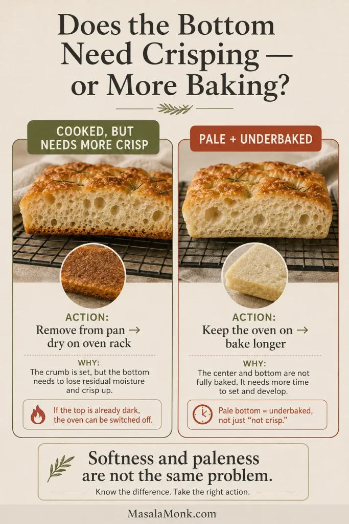 Comparison of fully cooked focaccia with a browned but soft bottom and focaccia with a pale underbaked bottom.