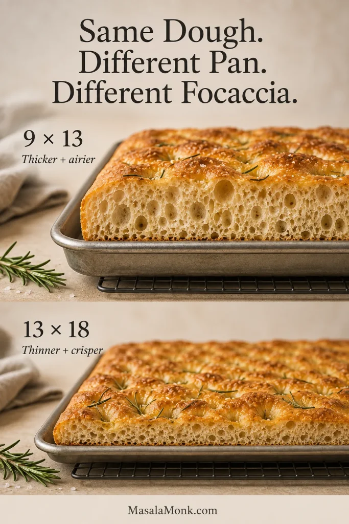 Side-by-side rosemary focaccia showing a thicker 9 by 13 version and a thinner 13 by 18 sheet-pan version.