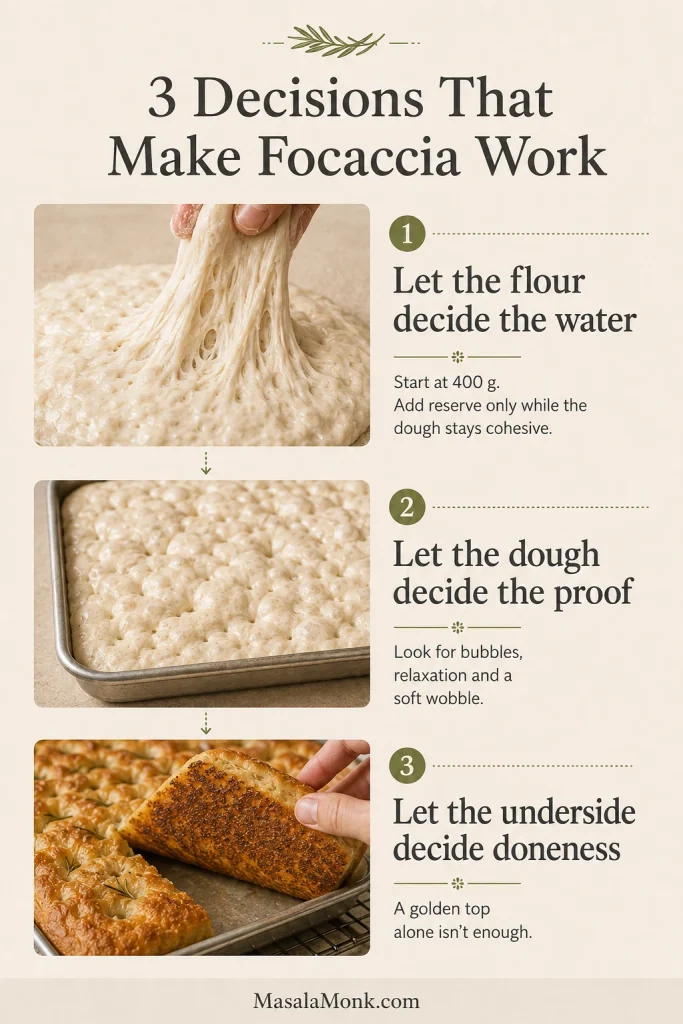 Guide showing sticky focaccia dough, bubbly proofed dough in a pan, and the browned underside of baked focaccia.