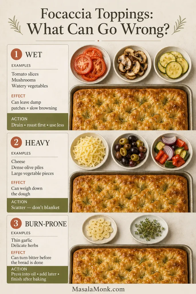 Topping guide grouping tomatoes and mushrooms as wet, cheese and olives as heavy, and garlic and herbs as burn-prone.