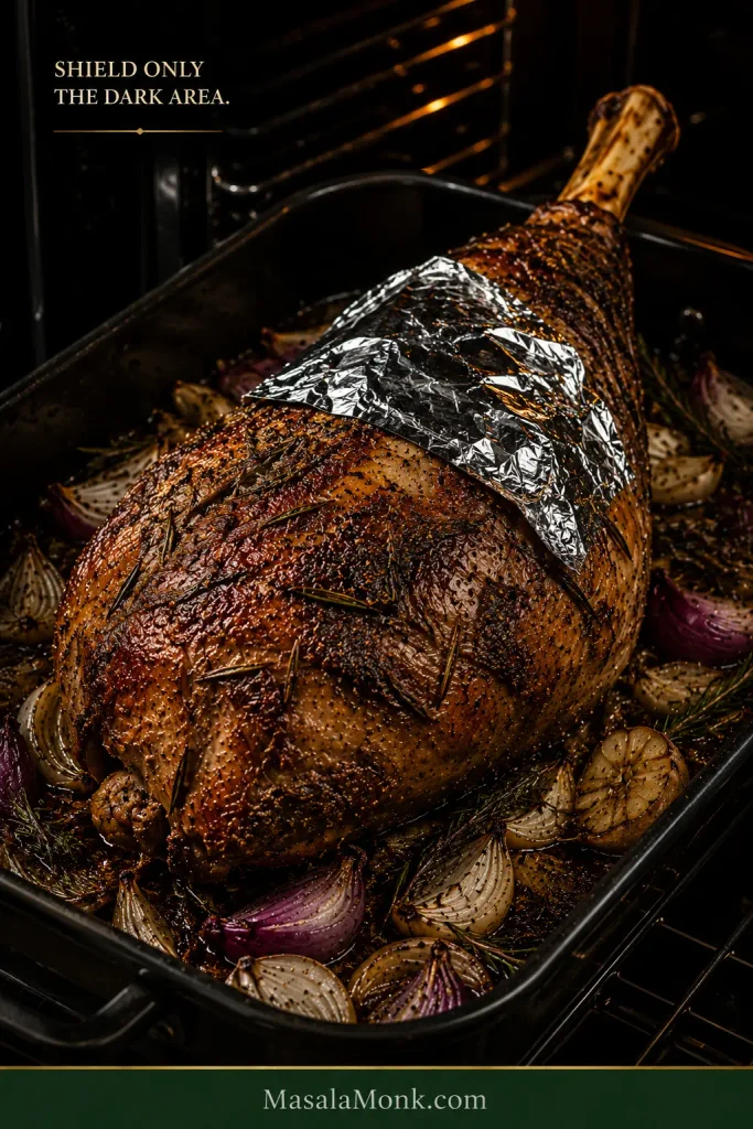 Partially roasted leg of lamb with a small foil patch covering one darkened area while the rest remains uncovered.