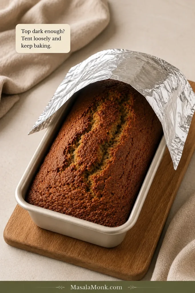Deeply browned zucchini bread in a light metal loaf pan with aluminum foil loosely arched above the top to prevent further browning.