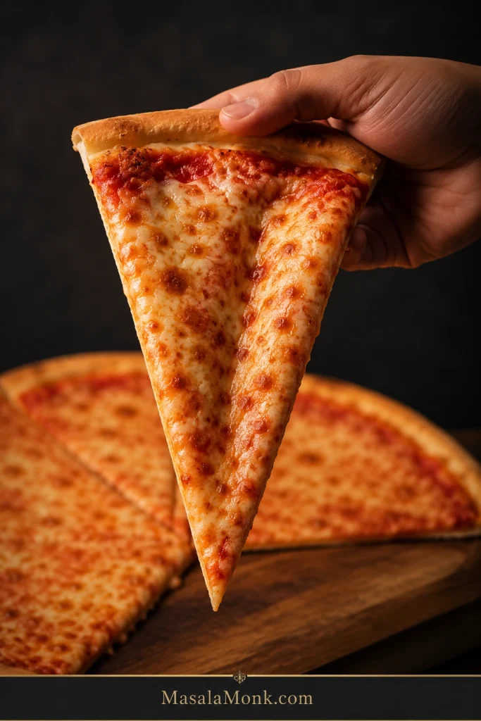 Hand holding a thin New York-style cheese slice in a gentle lengthwise fold, with melted mozzarella, visible tomato sauce and the pointed tip supported below.
