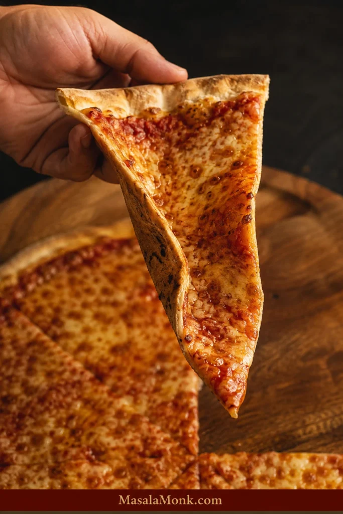 Hand holding a New York-style cheese slice with a gentle lengthwise fold, supported tip, browned underside, melted mozzarella and visible tomato sauce.