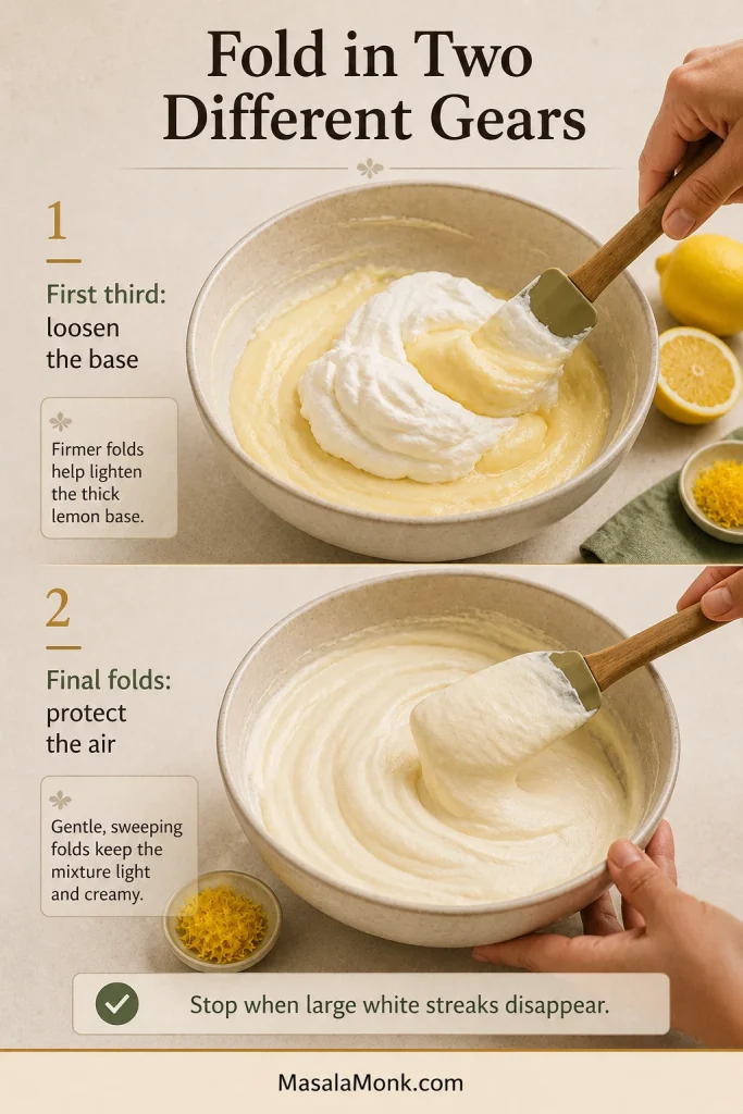 Two stages show whipped cream loosening a thick lemon base and then being folded into a smooth, airy filling.