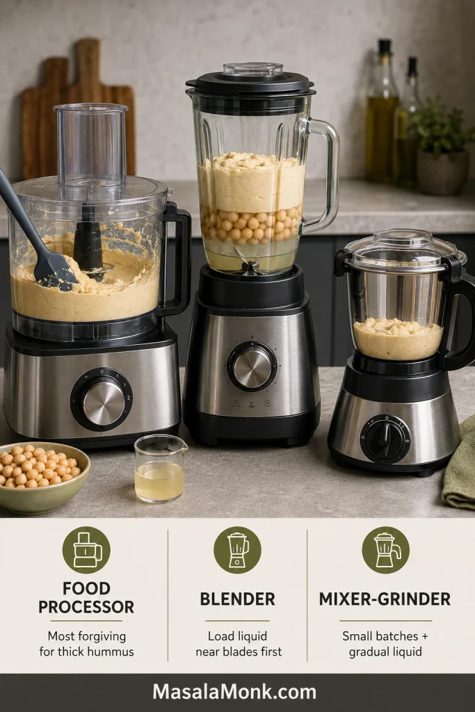 Food processor, full-size blender and stainless steel Indian mixer-grinder shown as equipment options for making hummus.