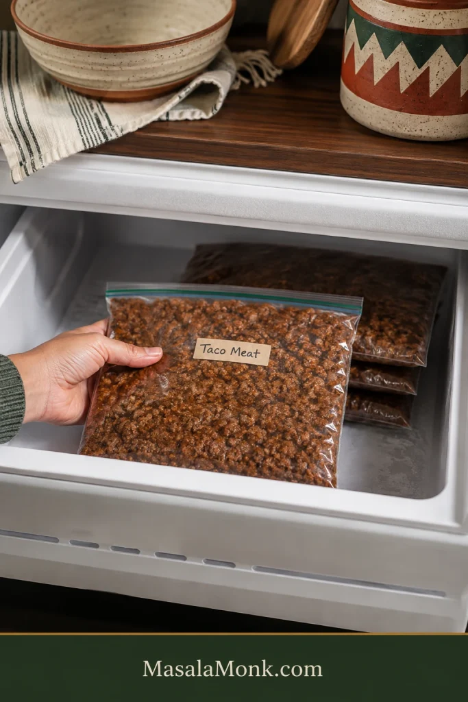 A hand places a thin, flat freezer bag labeled Taco Meat into a freezer drawer beside several other flat bags of cooked ground beef stacked behind it.