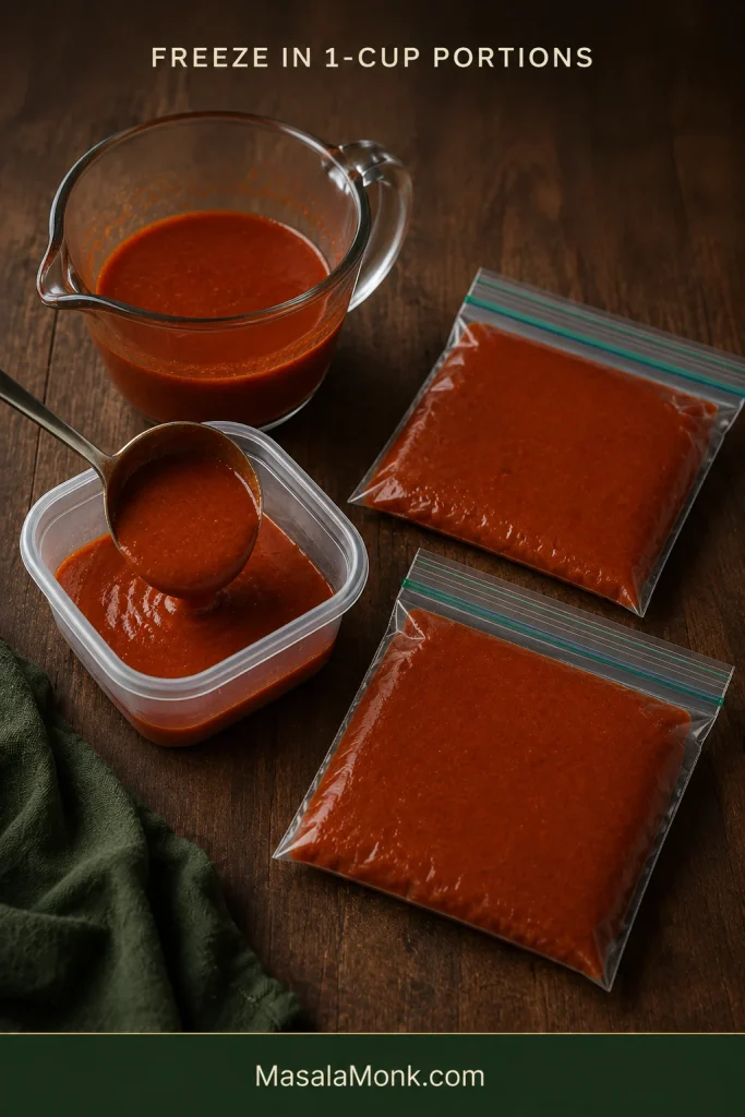 Cooled red enchilada sauce being portioned into a clear container beside two flat sealed freezer bags filled with sauce.