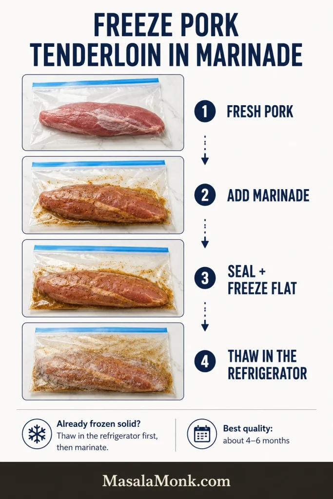 Pork tenderloin marinade freezer guide showing fresh pork bagged with marinade, frozen flat and thawed in the refrigerator.