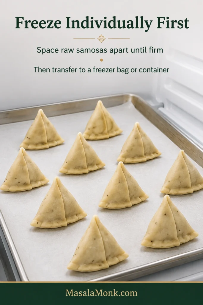 Raw Punjabi samosas spaced apart on a parchment-lined tray in a freezer before being packed together.
