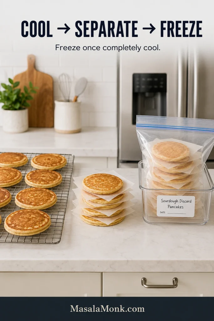 Pancakes shown cooling on a wire rack, stacked with sheets of parchment, and packed in a freezer-safe bag for storage.