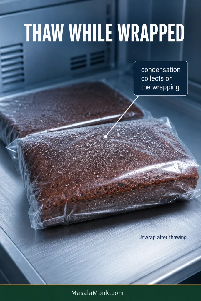 Wrapped gingerbread portions thawing on a metal surface with condensation droplets collected on the clear plastic wrapping.