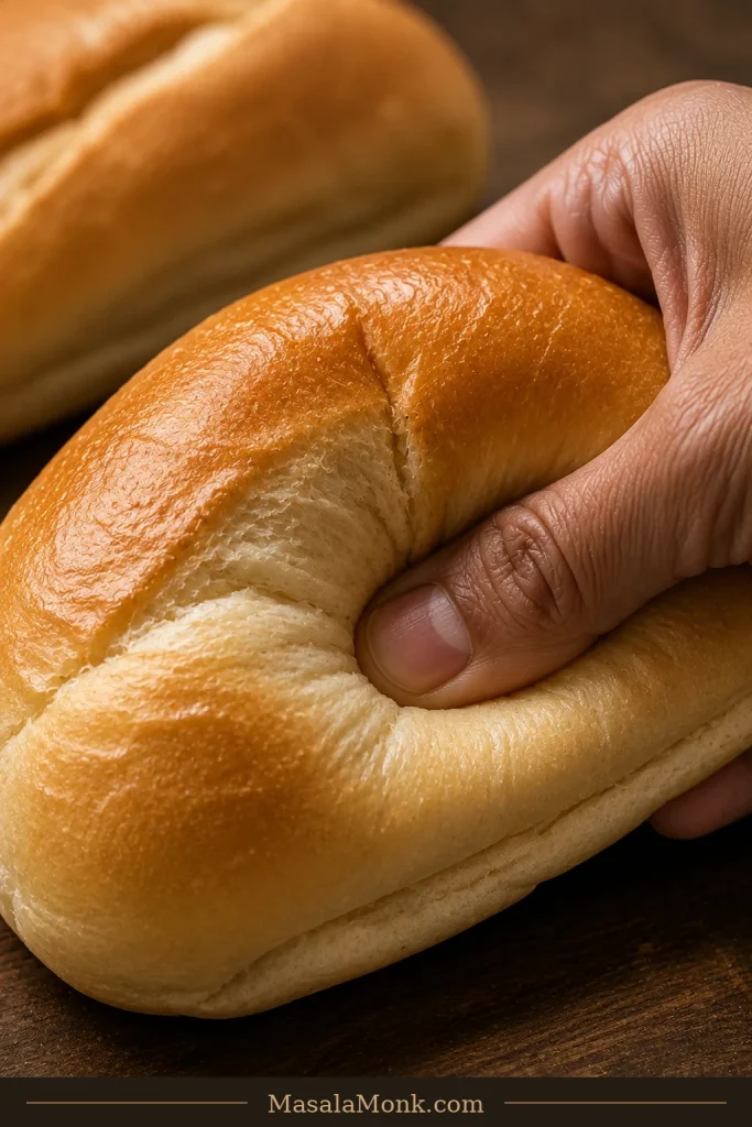 A hand gently pressing a soft French or hoagie roll, leaving a shallow indentation while the bread keeps its shape.
