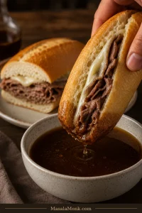 French dip sandwich half held above a bowl of brown au jus, with the lower cut edge visibly soaked and thin roast beef and melted provolone inside.