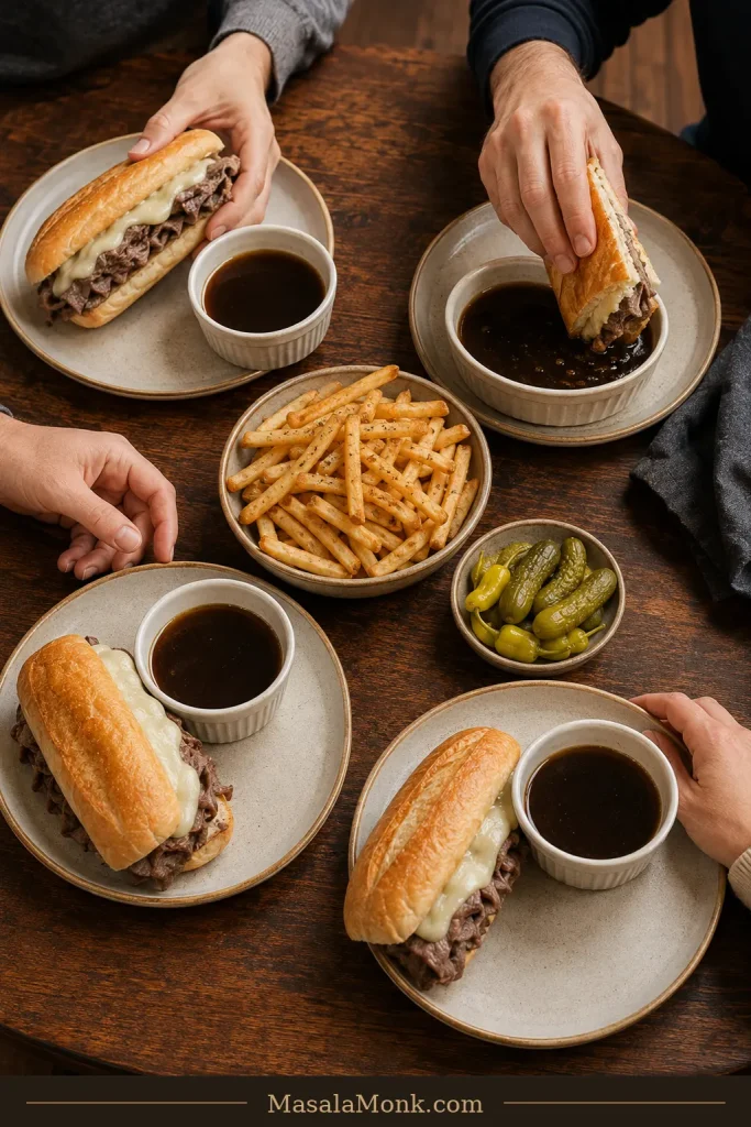 Table set for four with four French dip sandwich portions, four individual bowls of au jus and several hands holding or dipping sandwiches.