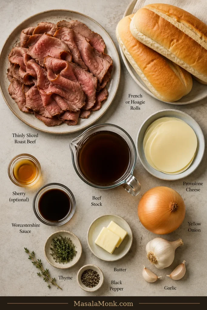 Overhead arrangement of sliced roast beef, sandwich rolls, provolone, onion, garlic, butter, beef stock, Worcestershire sauce, thyme, black pepper and sherry.