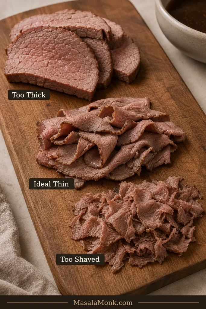 Three portions of cooked roast beef showing thick slices, ideal thin flexible slices and very finely shaved pieces.