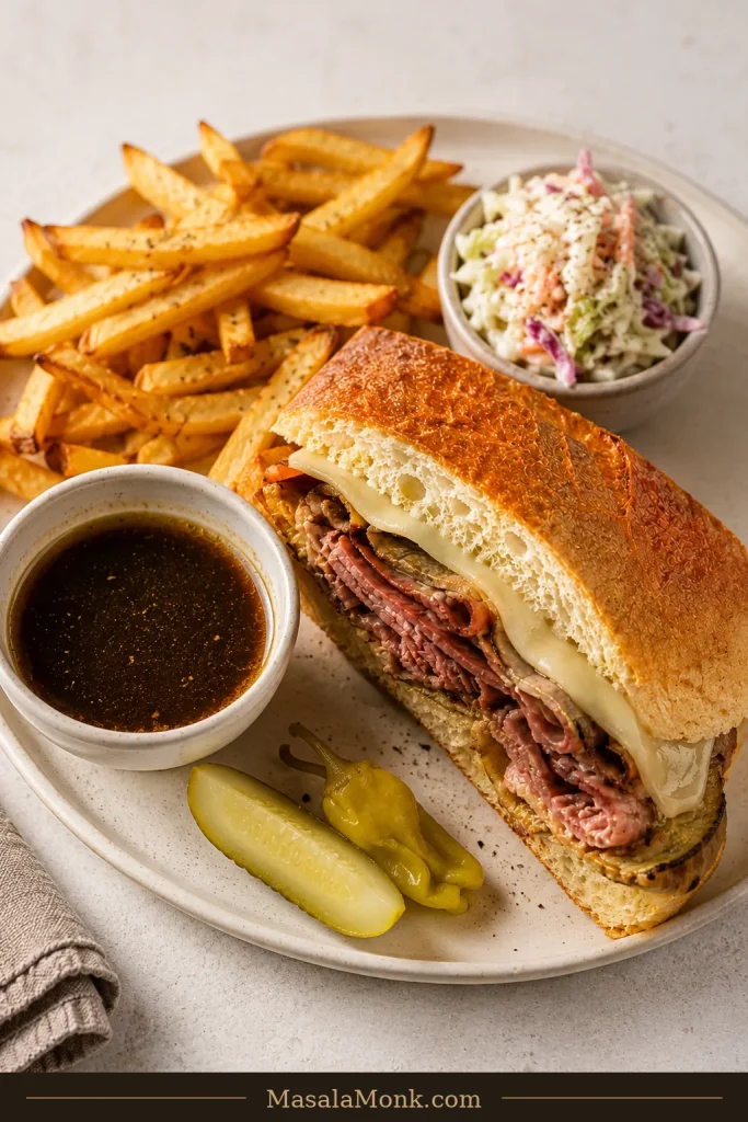 French dip sandwich served with a bowl of au jus, French fries, creamy coleslaw, dill pickle and pepperoncini.
