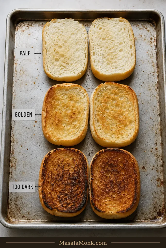 Three split sandwich rolls showing pale under-toasted bread, a golden toasted surface and an overly dark toasted surface.