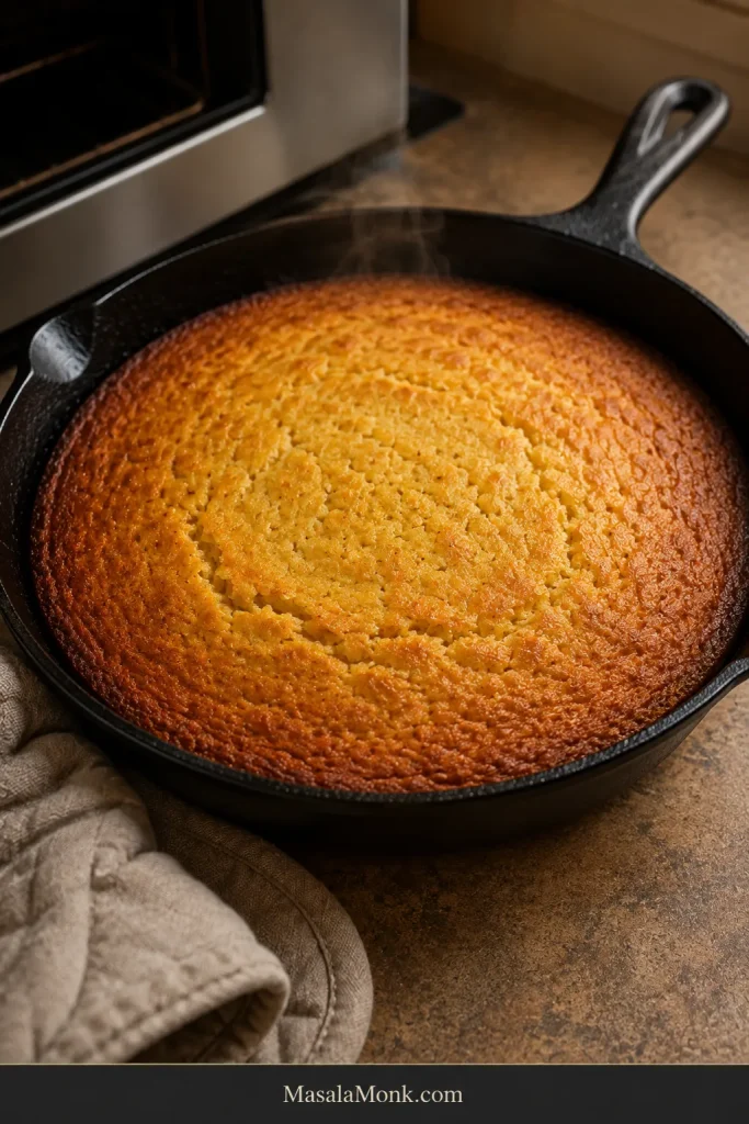 Freshly baked Southern cornbread in a black cast-iron skillet with a browned perimeter and small natural cracks across the set top.