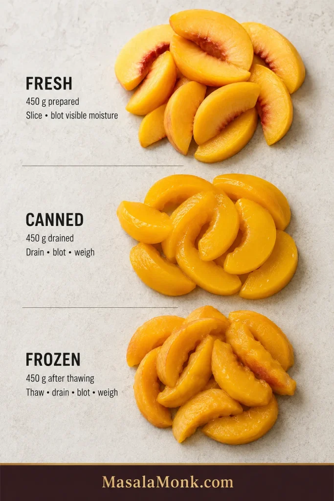 Three groups of peach slices labeled fresh, canned and frozen, with fresh peaches shown firm, canned peaches drained and glossy, and frozen peaches thawed and softer.