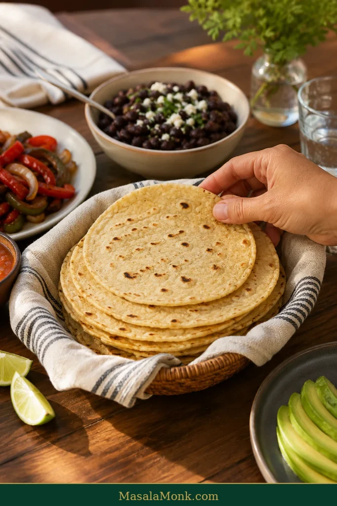 Warm homemade corn tortillas in a towel-lined serving basket on a dinner table with a hand reaching for one tortilla.