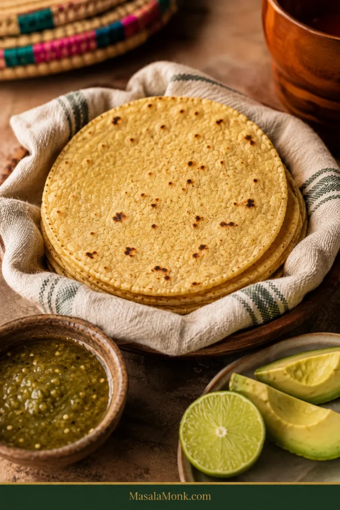 Fresh homemade corn tortillas served with salsa verde, avocado, and lime on a warm table setting.