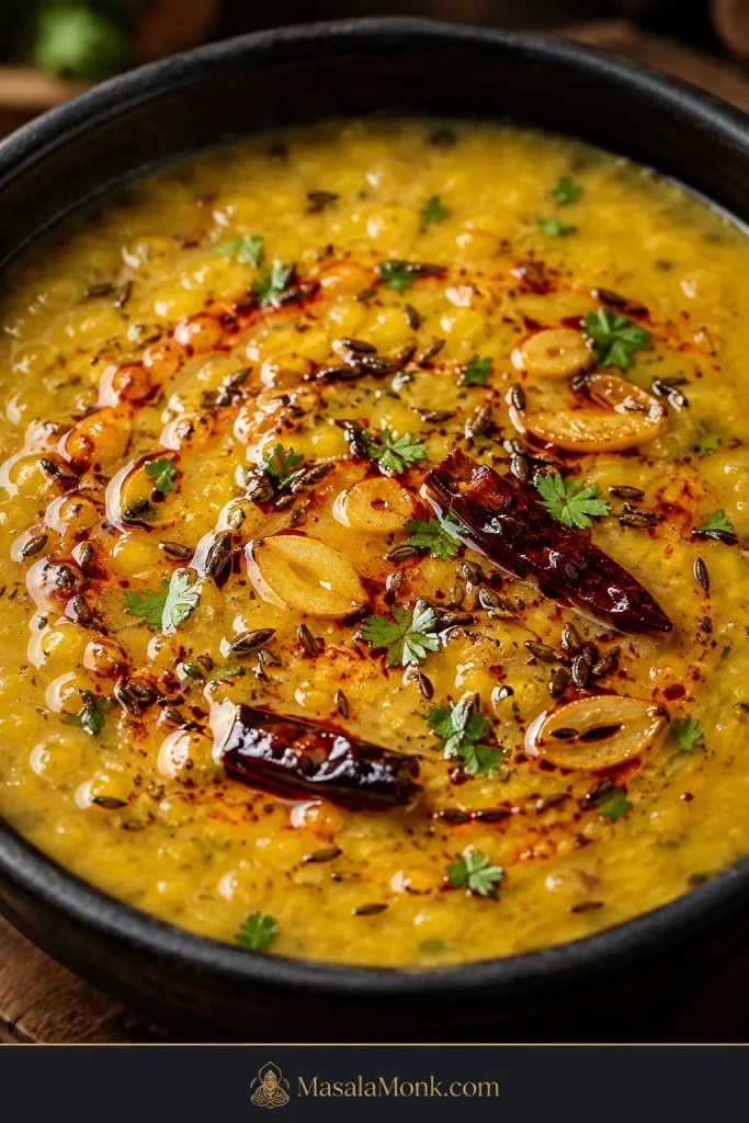 Close-up of creamy Dal Tadka with restrained red ghee, thin golden garlic, cumin, dried chilli and coriander.
