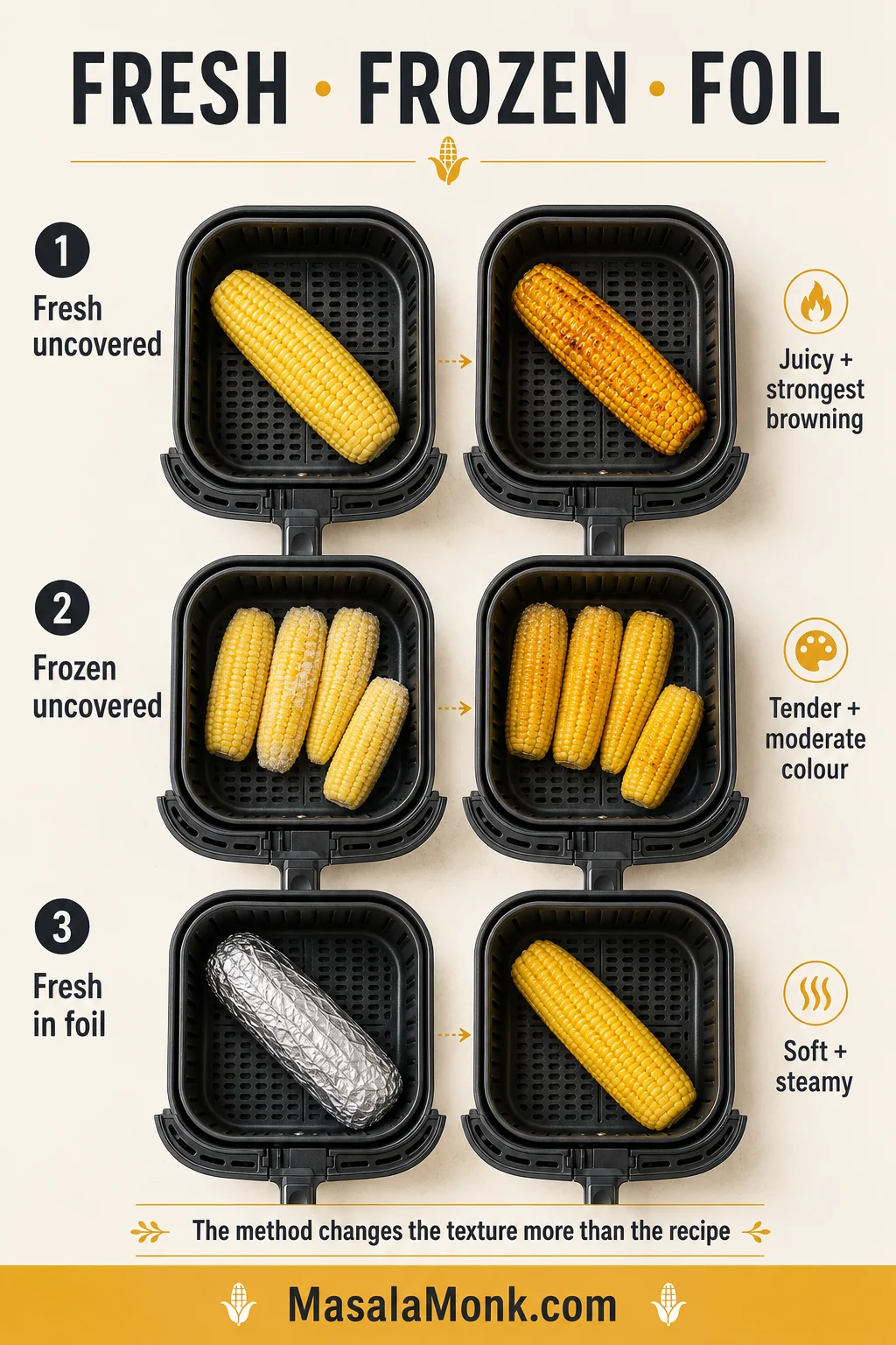 Fresh uncovered, frozen uncovered and foil-wrapped corn shown before and after air frying with visibly different finished textures.