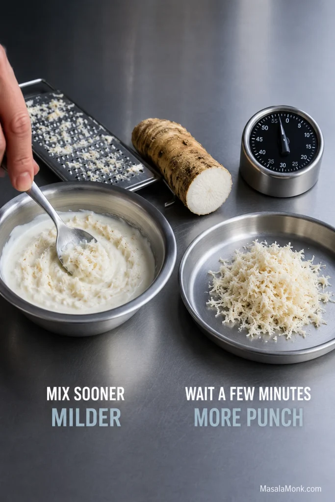 Fresh horseradish root and grater beside sauce mixed immediately and grated horseradish resting near a timer to compare milder and stronger heat.