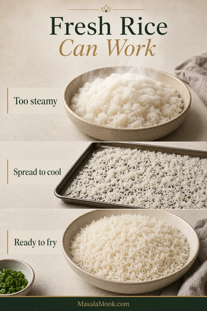 Three-stage guide showing steaming freshly cooked rice, rice spread in a thin layer over a wide tray, and cooled rice with visibly looser separate grains.