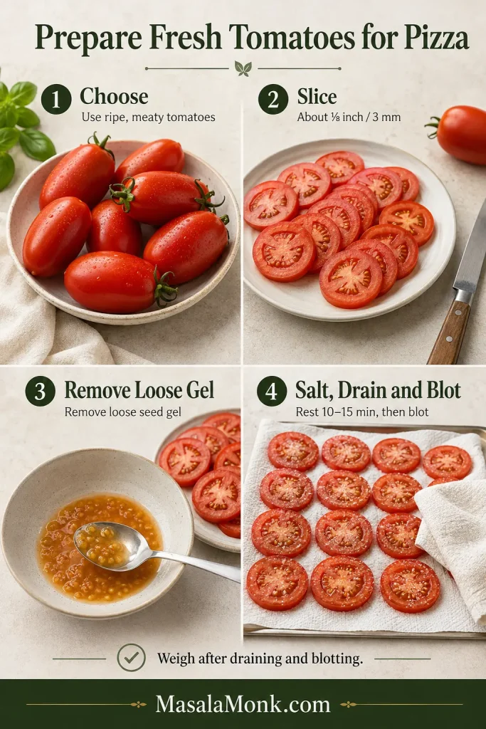 Four-stage fresh tomato preparation guide showing plum tomatoes, thin slices, loose seed gel being removed and salted slices draining on towels.