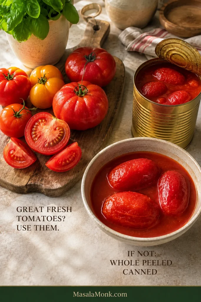 Ripe fresh tomatoes beside whole peeled canned tomatoes sitting in their juices.
