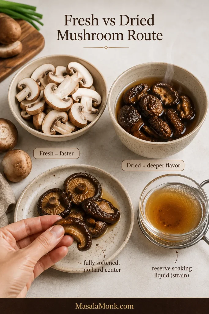 Comparison showing fresh mushrooms sliced and ready beside dried shiitake soaking until pliable, with a small vessel of clear strained shiitake soaking liquid.