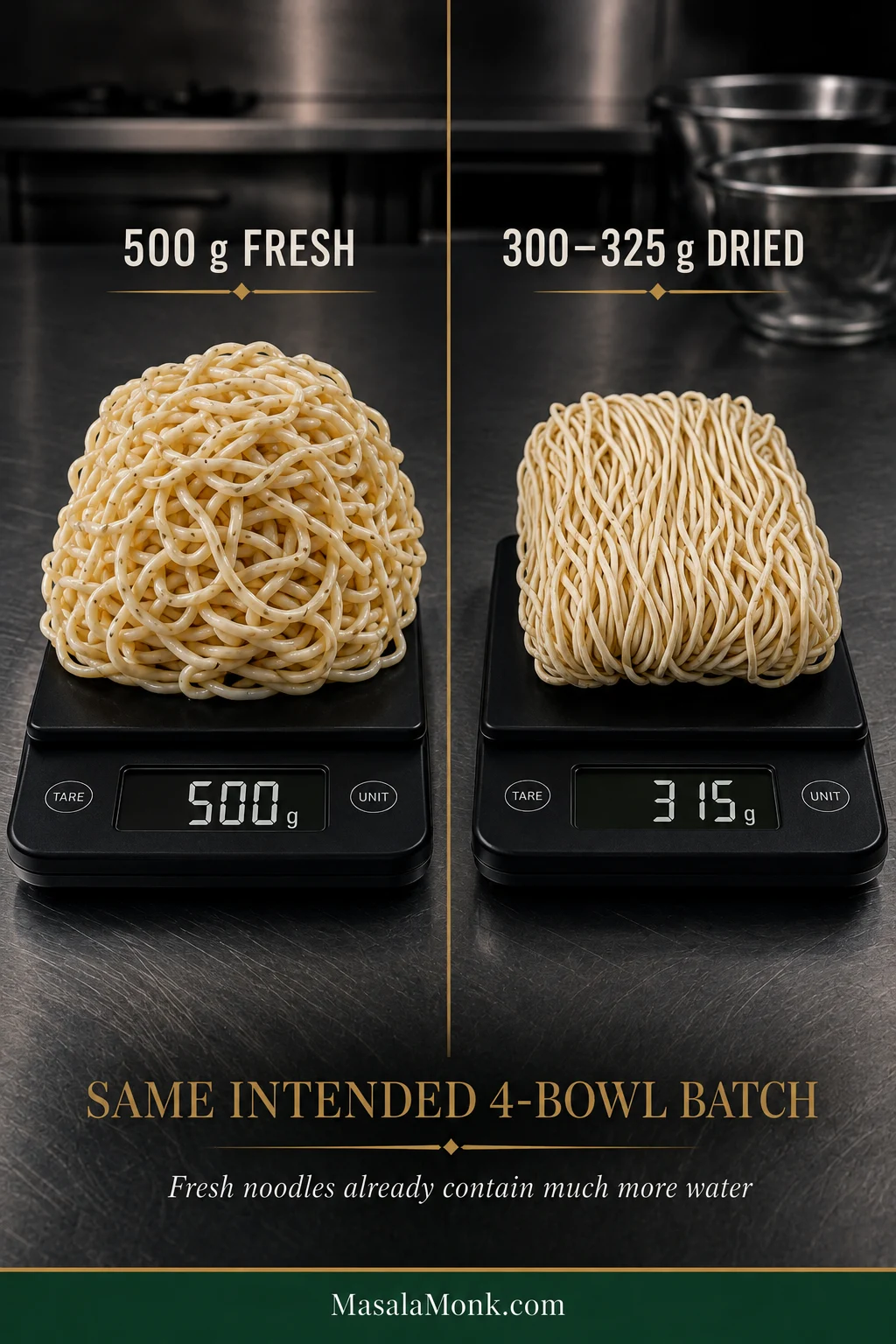 Fresh Chinese wheat noodles measured at 500 grams beside about 300–325 grams of dried wheat noodles, both intended to make four servings.