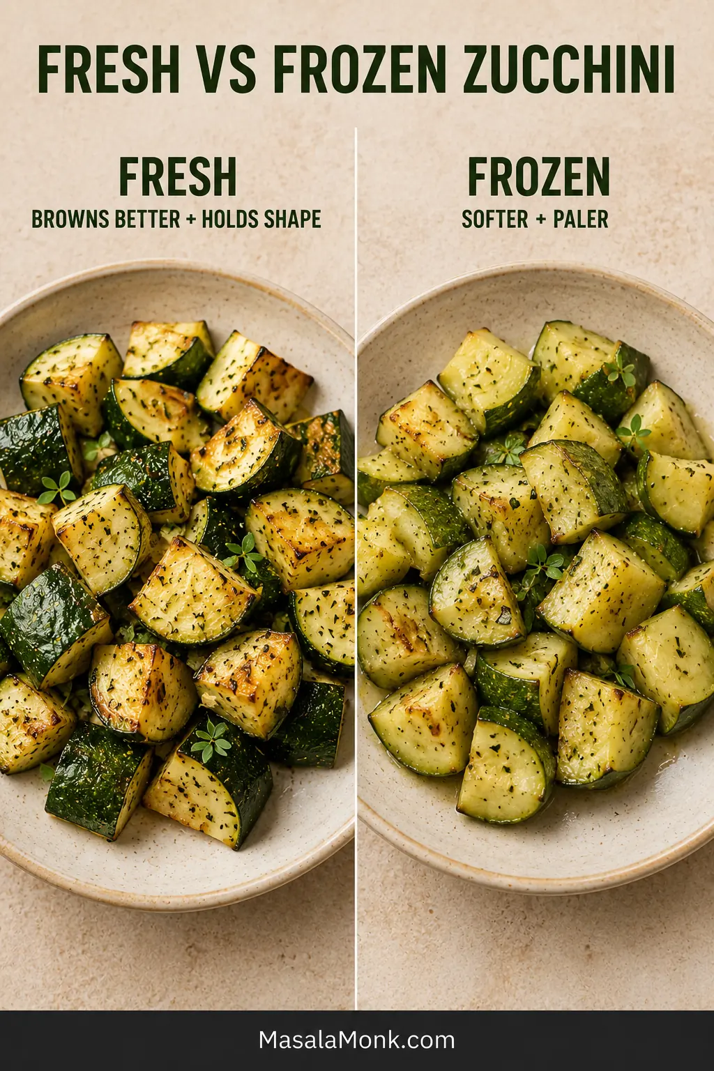 Side-by-side bowls showing browned, firm fresh zucchini and paler, softer zucchini cooked from frozen.
